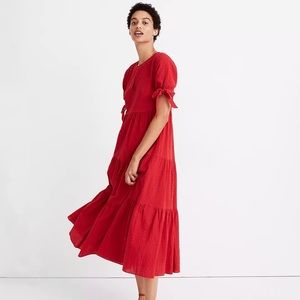 Madewell Tie-Sleeve Tiered Midi Dress in Swiss Dot